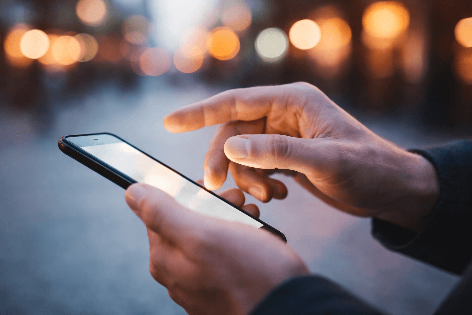 Hands using a smartphone with soft city lights